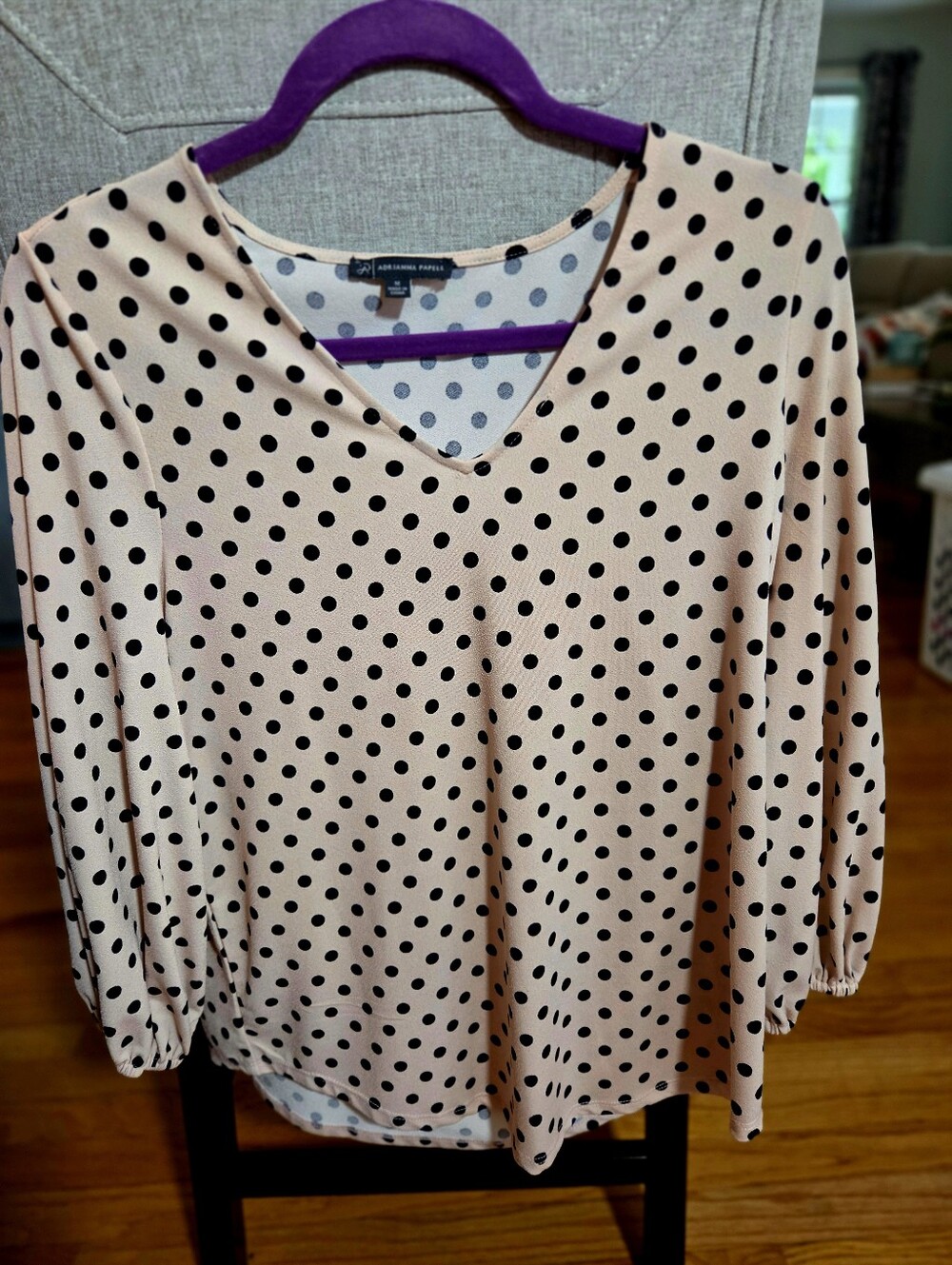 Adrianna Papell Blush Pink Polka Dot V-Neck Long Sleeve Top